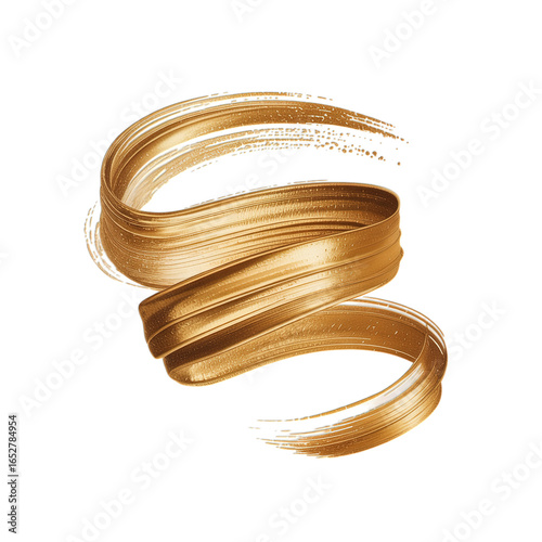 Golden paint stroke swirling on a black background close up view