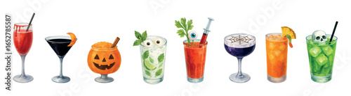 Halloween watercolor cocktail set. Vectors isolated on white background.
