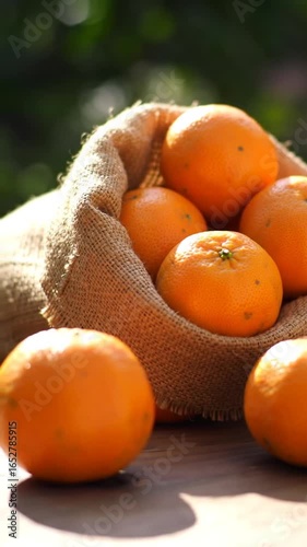 Fresh oranges in burlap sack