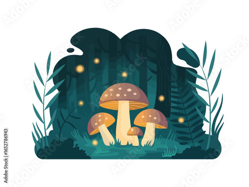 Enchanted Forest Mushroom Glade with Fireflies Illustration Whimsical Scene Nature Background Woodland Magic Fantasy Concept Design