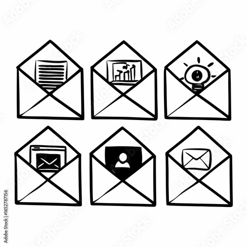 Handdrawn envelopes with email, document, chart, idea, website, and user profile icons isolated on white background, representing communication