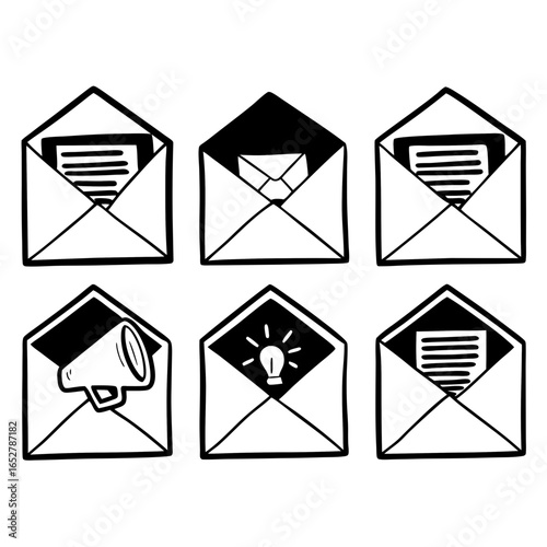 Hand drawn vector illustration of open envelopes with different symbols isolated on white background for business and marketing concepts