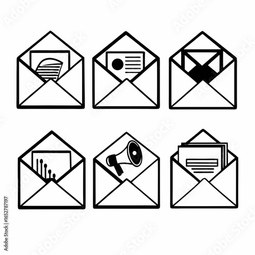 Email marketing and communication icons in envelopes isolated on white background for business, social media, and customer service purposes
