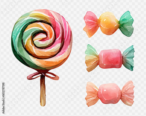 Big spiral lollipop and wrapped candies watercolor illustration, sweet colorful design for children’s decor, candy shop and festive celebration. Vector illustration.