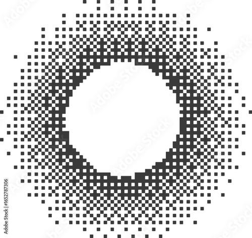 Pixel circle with halftone effect. Bitmap aesthetic round shape for trendy 2000s design. Digital abstract radial figure. Geometric graphic with dither gradation