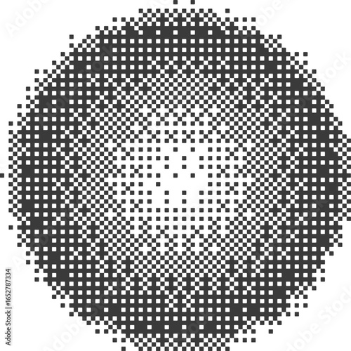 Pixel circle with halftone effect. Bitmap aesthetic round shape for trendy 2000s design. Digital abstract radial figure. Geometric graphic with dither gradation
