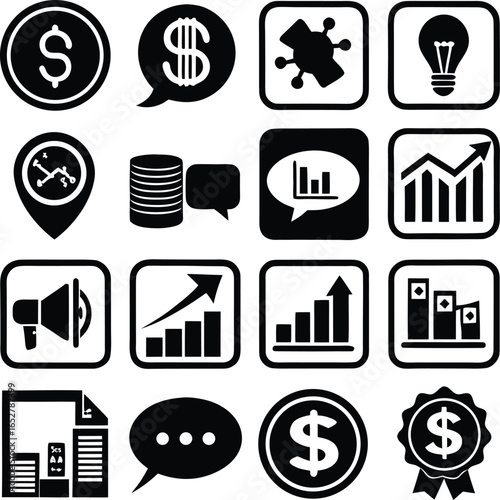 Collection of business and finance icons representing growth investment and communication in a clean modern style