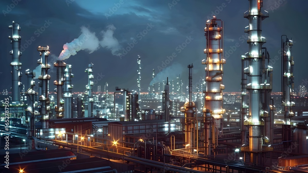 Fototapeta premium Nighttime industrial scene showcasing towering smokestacks and illuminated structures against a city skyline