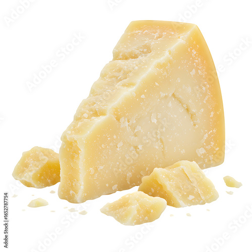 A wedge of aged parmesan cheese with small cubes and crumbs, isolated on white or a transparent background, PNG format