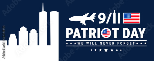 Patriot Day background, banner, card or poster design template is observed every year during 11 September. 911 Patriot Day with American flag, Airplane and New York City.