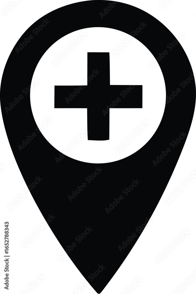 Black and white map marker icon with a white circle containing a black plus sign symbolizing a medical location Black and white map marker icon with a white circle containing a black plus sign symbolizing a medical location