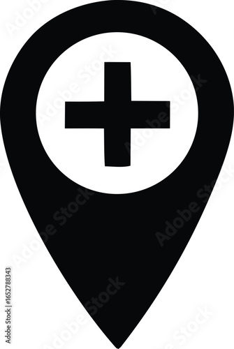 Black and white map marker icon with a white circle containing a black plus sign symbolizing a medical location