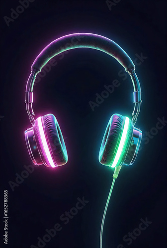 Vector icon of black headphones for listening to music on a dark background