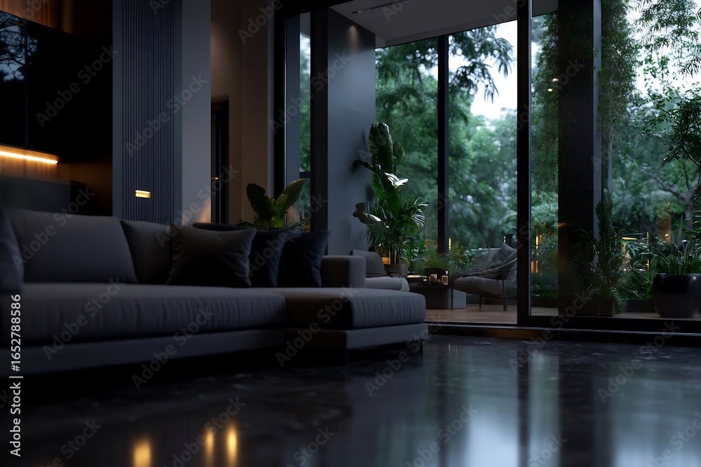 Fototapeta premium Luxurious living room with nature view through large windows and elegant modern design