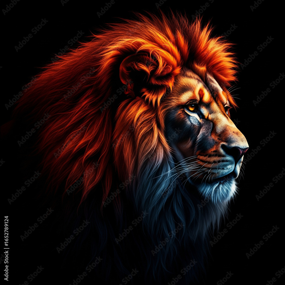 Fototapeta premium Majestic lion with fiery mane and intense gaze