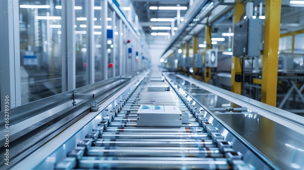 Obraz premium Automated conveyor belt system transporting packaged goods in a modern manufacturing facility