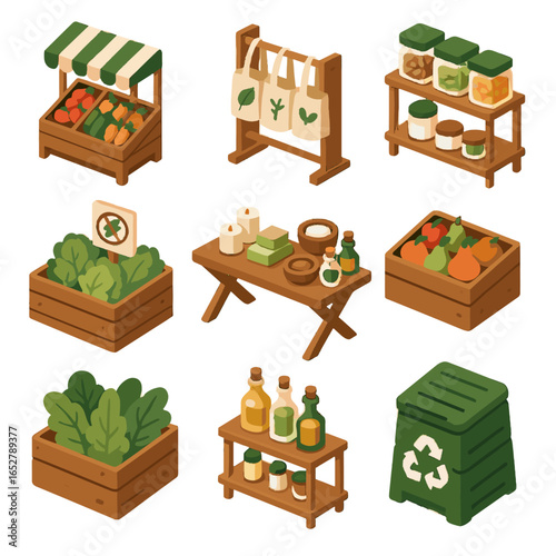Leafy display icon shelf natural organic icons compost bag produce market container