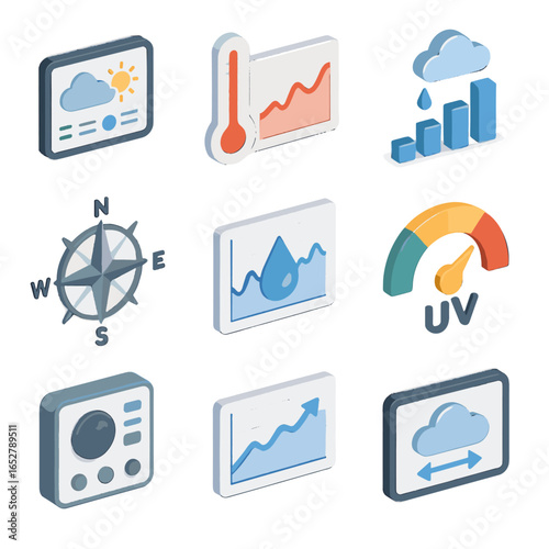 Icon display interface rose dashboard isometric index temperature vector precipitation chart icons