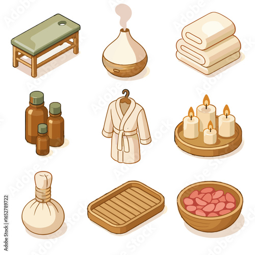 Icon essentials spa ball aroma tray table oil petals vector wellness rolled