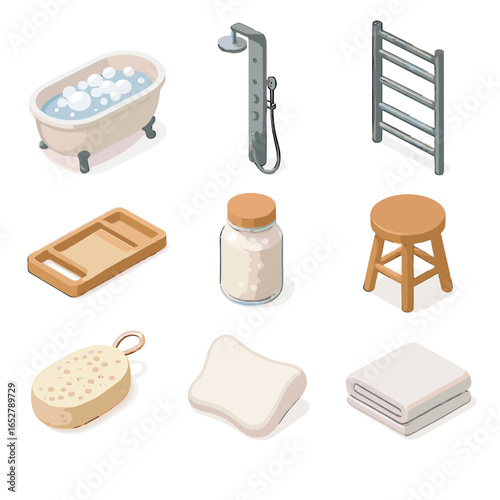 Vector loofah bubble folded shower icon towel icons isometric jar rail bath