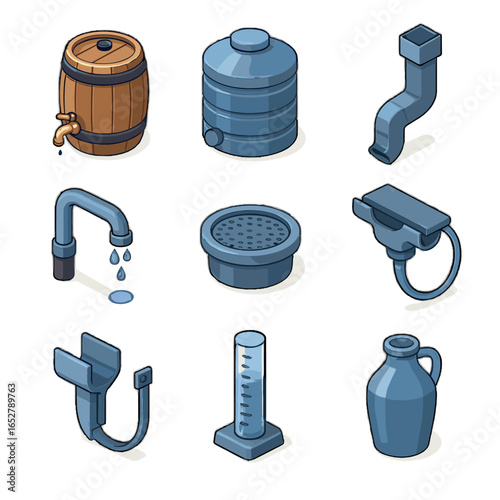 Spout system vector gutter rainwater isometric icon jug collection drainpipe hose lid