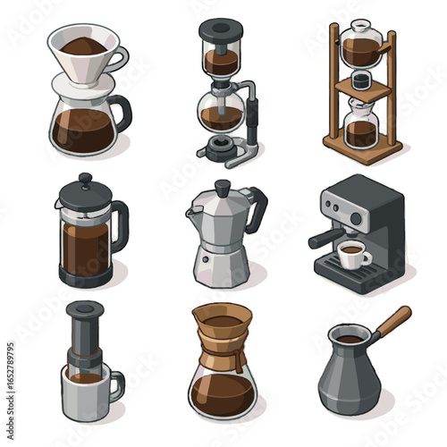 Press cezve icons cold set brewing isometric machine tower carafe brew icon
