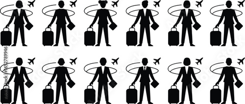 Silhouettes of business people traveling with suitcases and airplanes