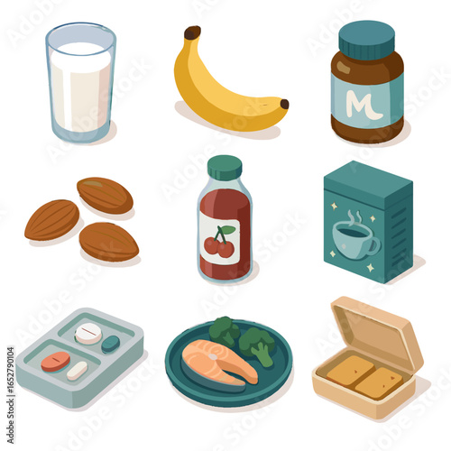 Icons tray tea juice sleep blend milk cherry icon nutrition supplement vector