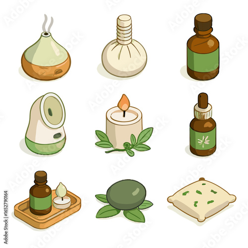 Diffuser icons bottle herbal oil stone ball wellness tray steamer vector icon