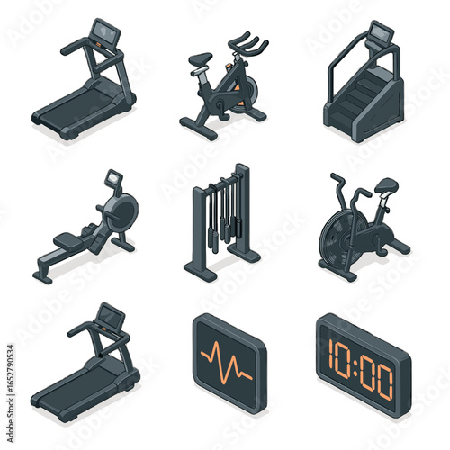 Rowing timer bike icon cardio jump incline screen treadmill stair vector equipment