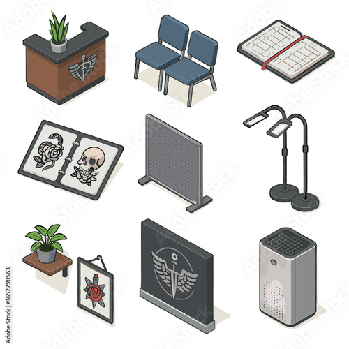 Air isometric binder décor vector studio icon tattoo waiting desk appointment portfolio