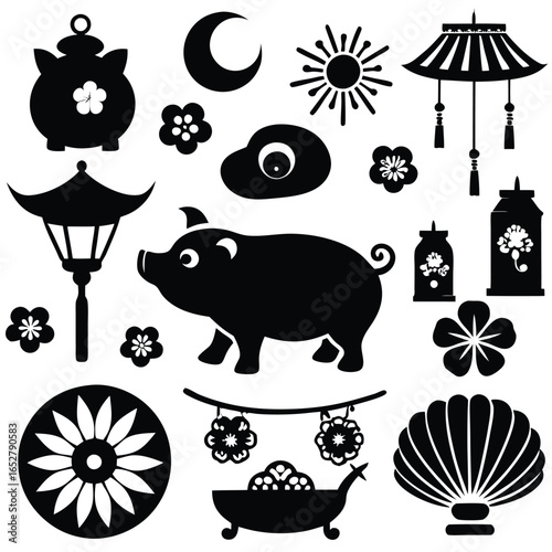 Chinese New Year Pig & Asian Icons:  A Collection of Elegant Black and White Graphics
