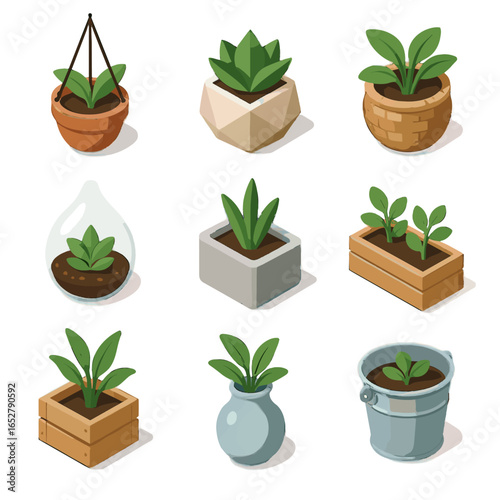 Geometric pot icons planter vase metal icon wooden decorative ceramic vector woven