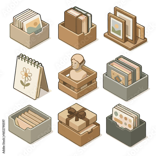 Crate framed finished box tray sketchpad storage sticker icon shelf isometric vector