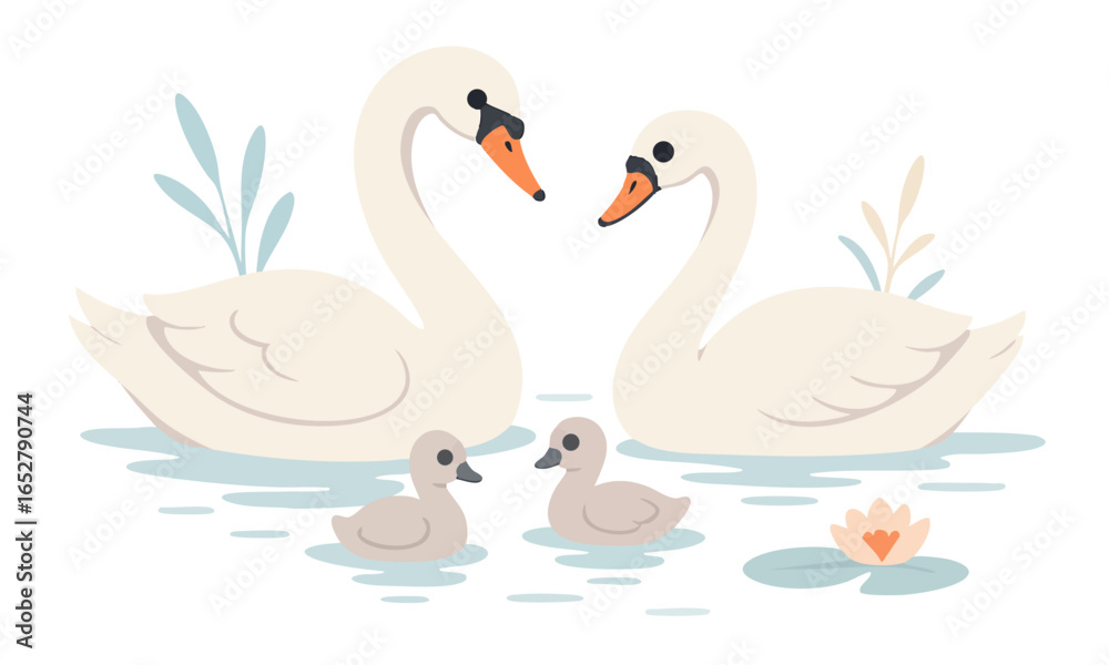 Obraz premium A pair of adult swans glide gracefully across the water, closely followed by their two fluffy cygnets. Wild birds. Vector flat illustration