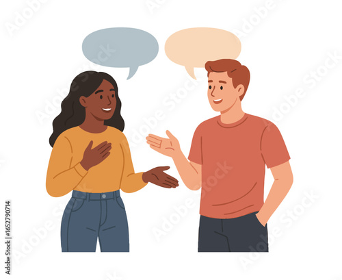Two multiracial friends chatting enthusiastically, sharing ideas and laughter during a relaxed gathering. Their connection highlights diverse friendship. Vector flat illustration