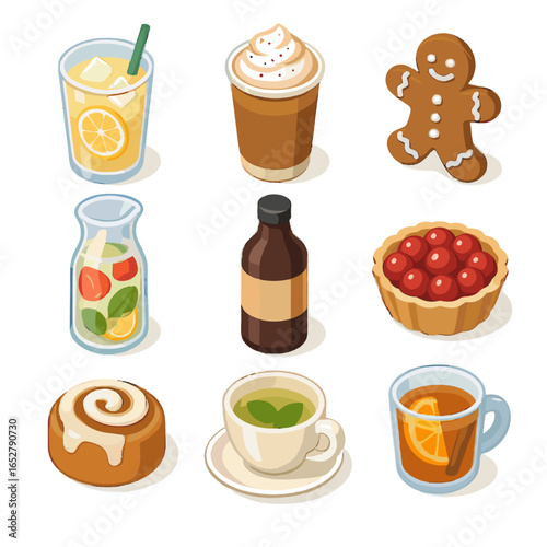 Cookie water bottle lemonade brew caf seasonal iced gingerbread icon pumpkin vector