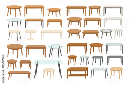 Set of tables in different shapes and materials, for dining, coffee, and side tables. Home interior design, styling ideas for rooms. Vector flat illustration