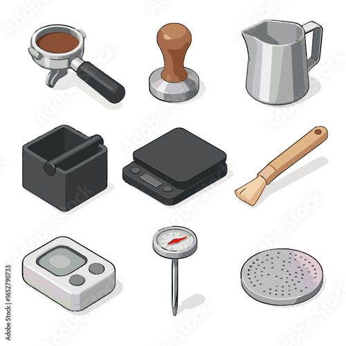 Scale knock tools screen barista vector brush portafilter milk icon thermometer espresso