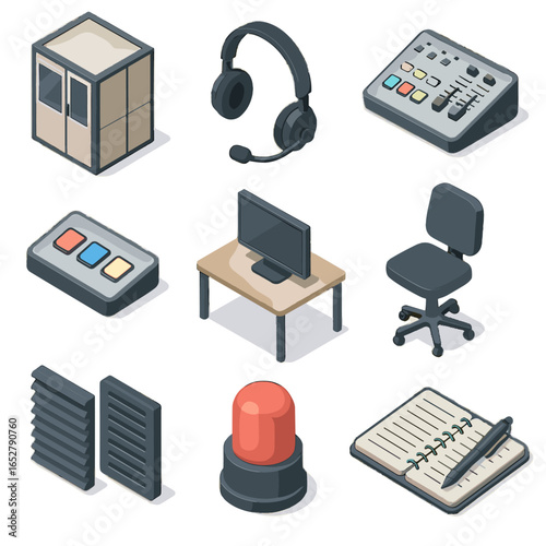 Interpreter chair booth soundproof language console icon desk vector panels