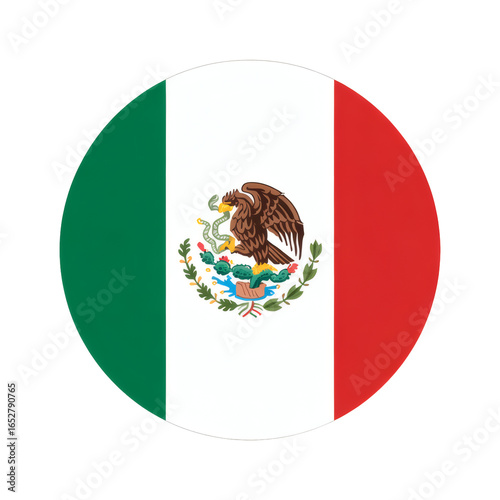 A flat vector illustration of the Mexican flag within a perfect circle, showcasing its national emblem with clarity