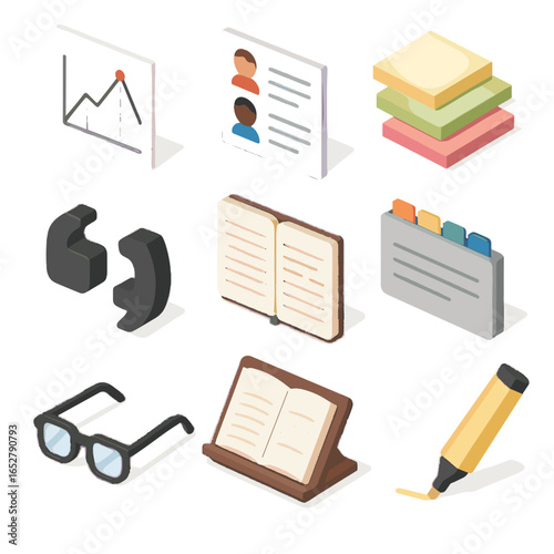 Character glasses markers tabs literary analysis chart notes icon vector book stand