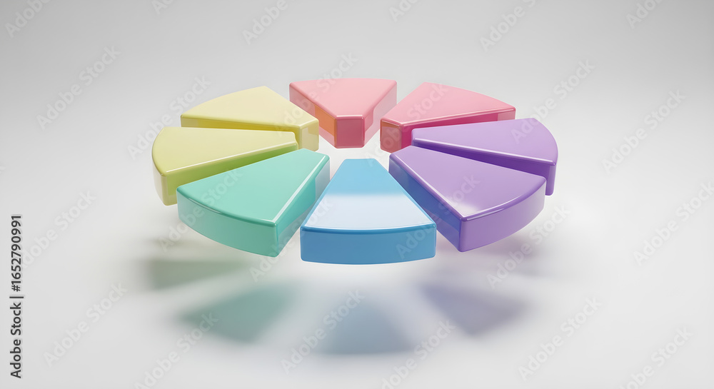 Obraz premium Exploded 3D pie chart with eight equal separated segments in soft pastel rainbow colors.