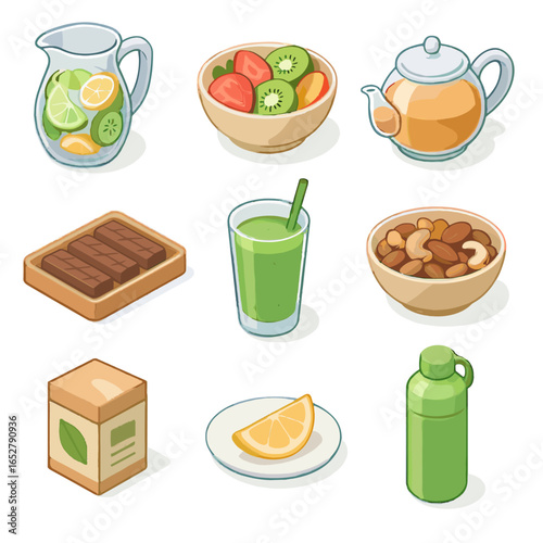 Vector dish bottle reusable tray jug icon wellness plate mix water icons
