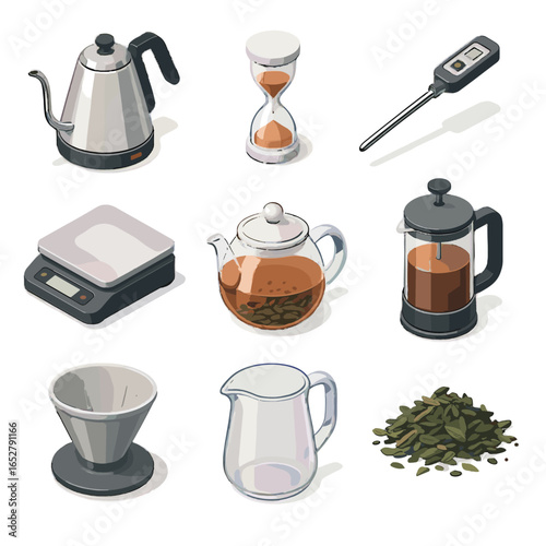 Vector thermometer tea pot timer hot icon scale essentials brewing filter loose