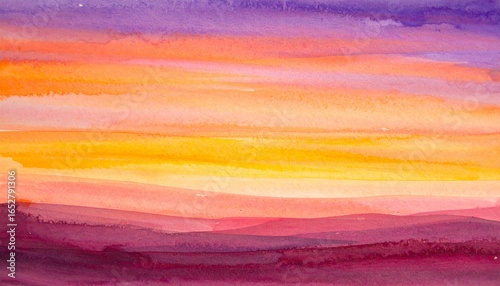 Watercolor sunset landscape.  Horizontal hues of orange, yellow, pink, purple, and violet