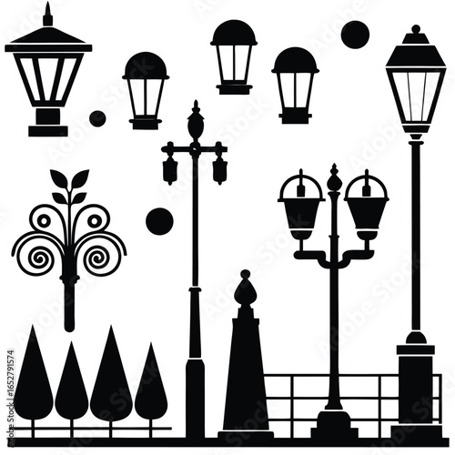 Vector Illustration: Streetlight & Landscape Design Elements