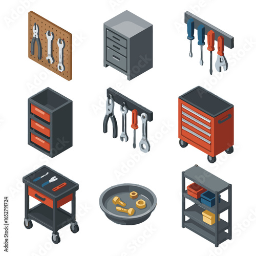 Tool tools labeled bins cart chest vector organizer icon hanging shelving garage