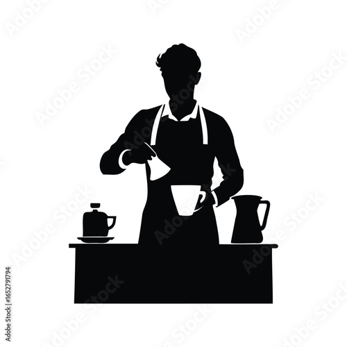 Silhouette of a barista preparing coffee behind a coffee bar counter