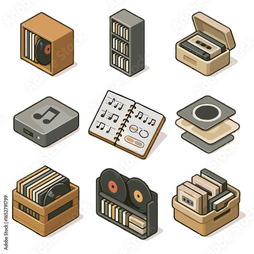 Shelf archive music tray icon records wall rack storage icons cassette vector